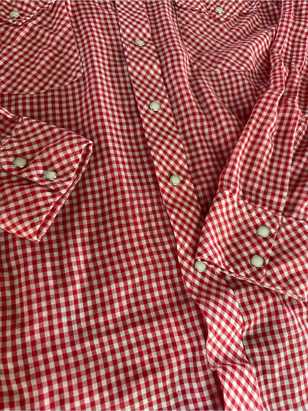 Vintage 70s 80s Wrangler Red Gingham Pearl Snap Western Shirt USA Made M - Picture 7 of 10